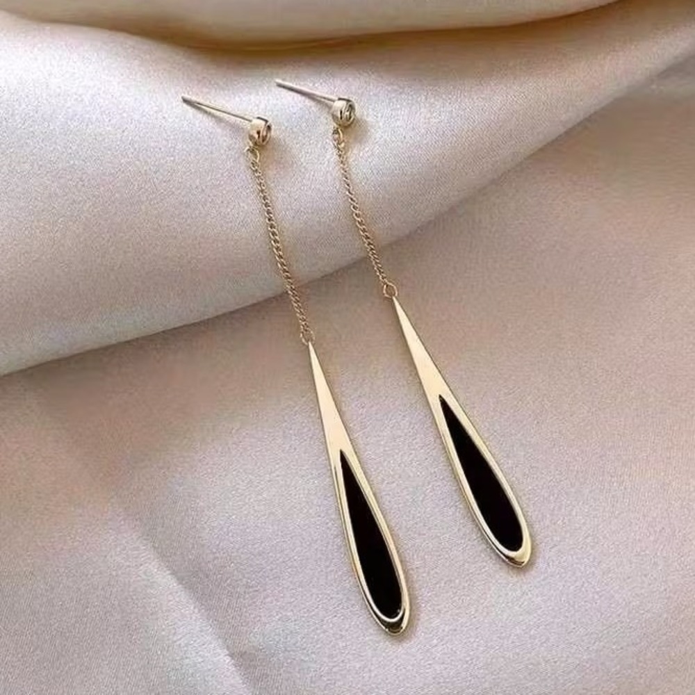 Gold Tone Teardrop Dangle Earrings Black Inlay Women‎